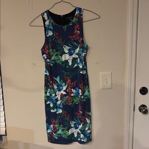 Karen Kane Sleeveless Dress Woman Medium Blue Tropical Floral Stretch Knit Lined